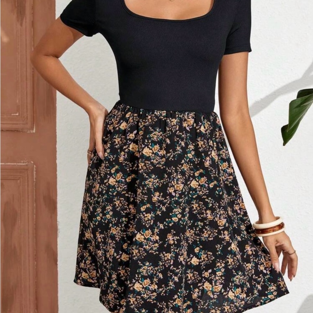 Floral Black Dress with Square Neckline